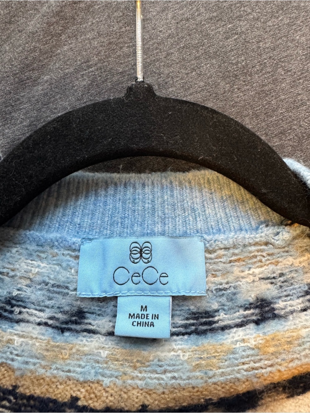 CeCe Light Blue Button-Front Fair Isle Cardigan with Black and Gold Accents - Picture 2 of 2